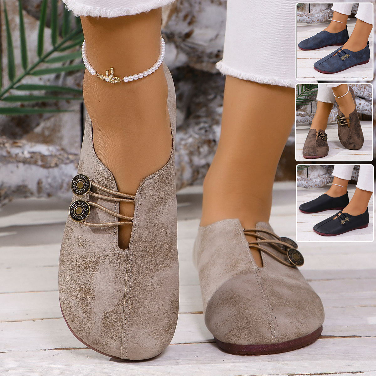 Pair of brown suede shoes worn by a person with a blurred background