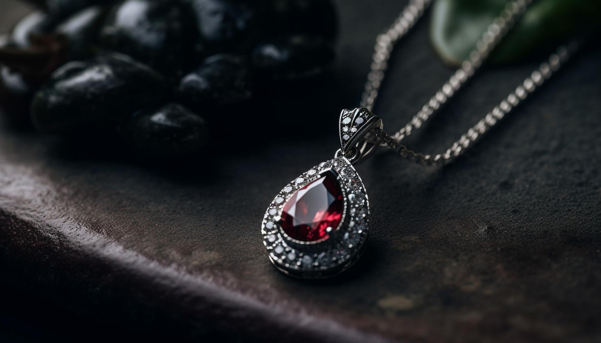 Teardrop-shaped red gemstone necklace on a dark surface