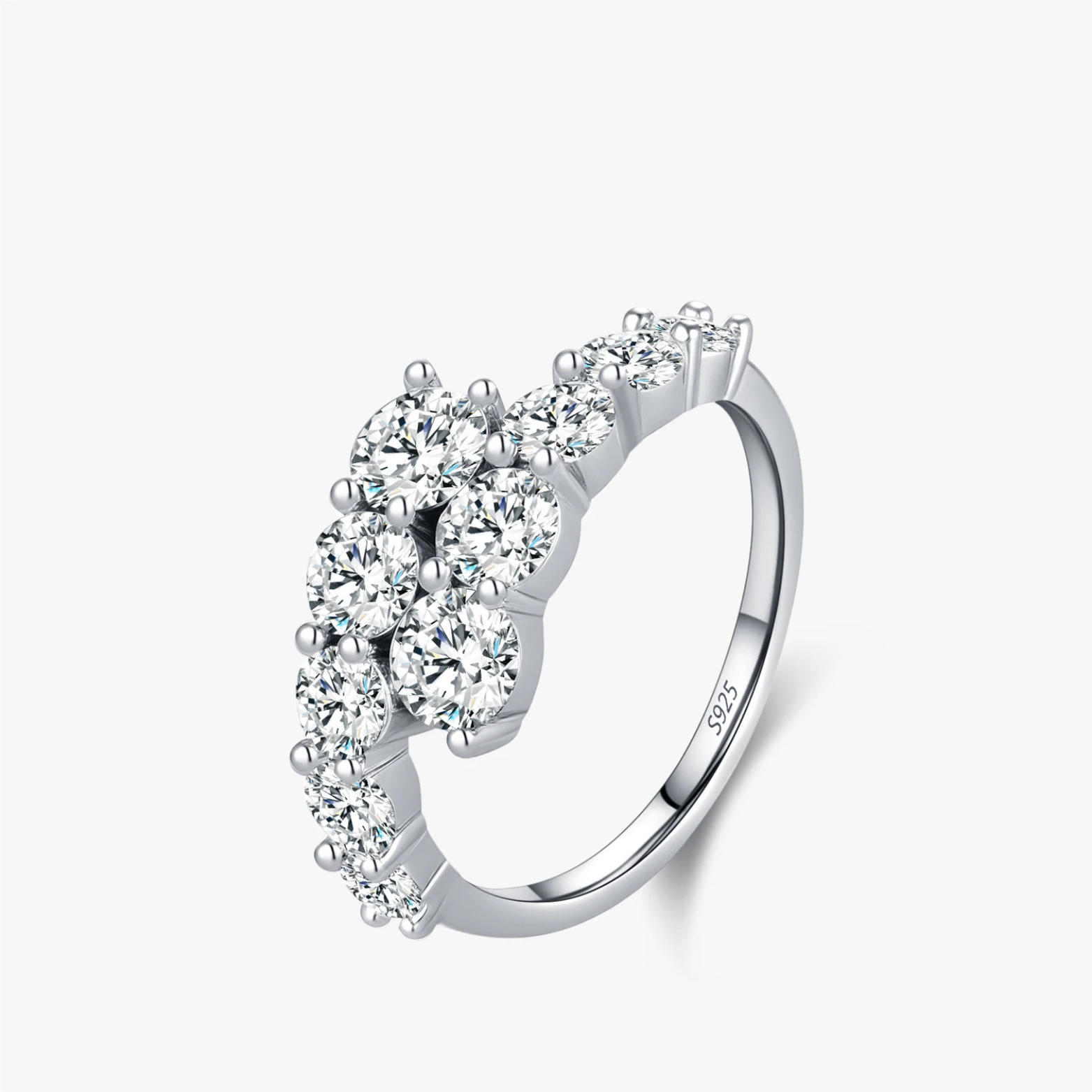 Silver ring with diamonds on a white background