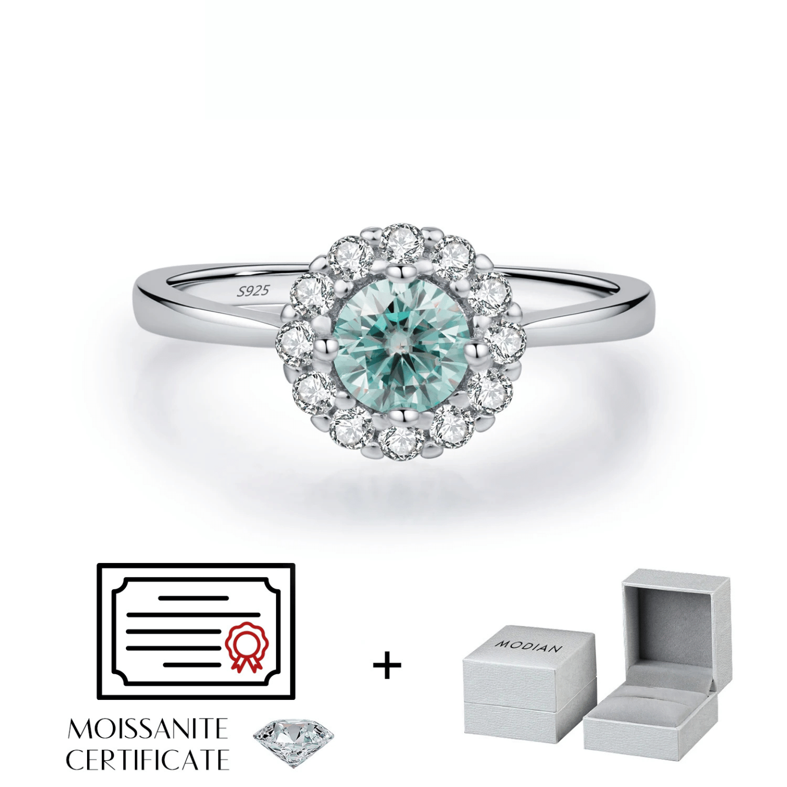 Emerald Teal Moissanite Halo Ring - Sterling Silver