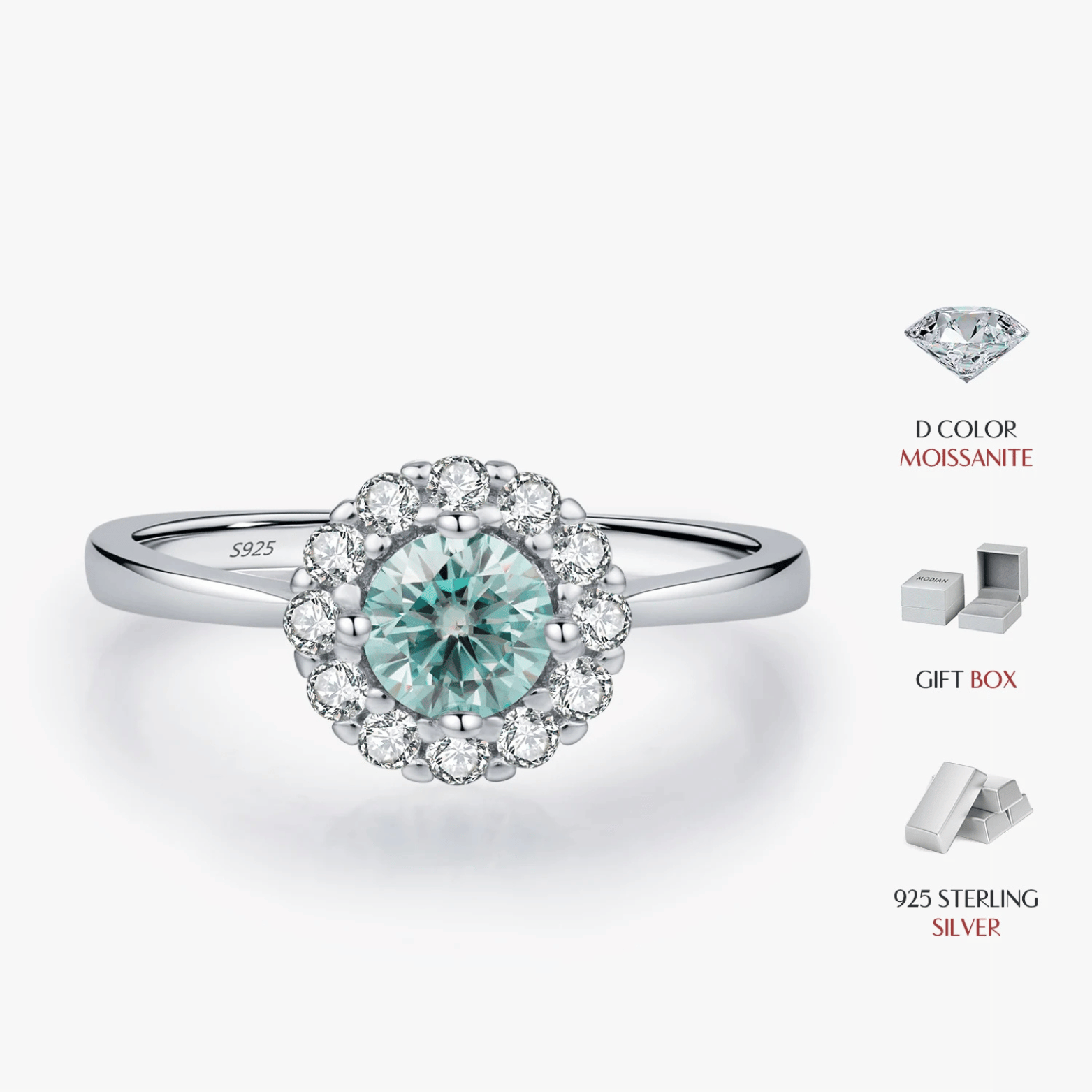 Emerald Teal Moissanite Halo Ring - Sterling Silver