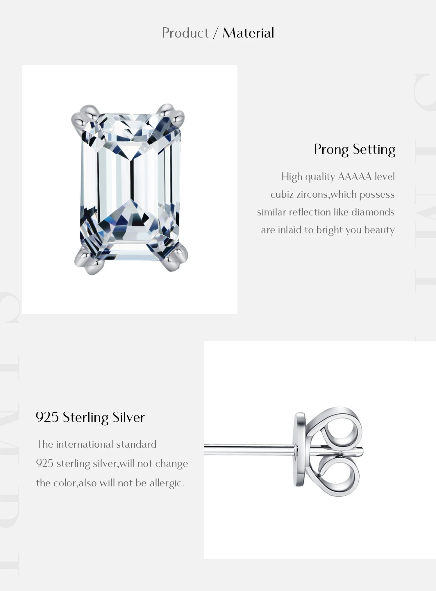 Simple Emerald Cut CZ Hypoallergenic Wedding Stud Earrings