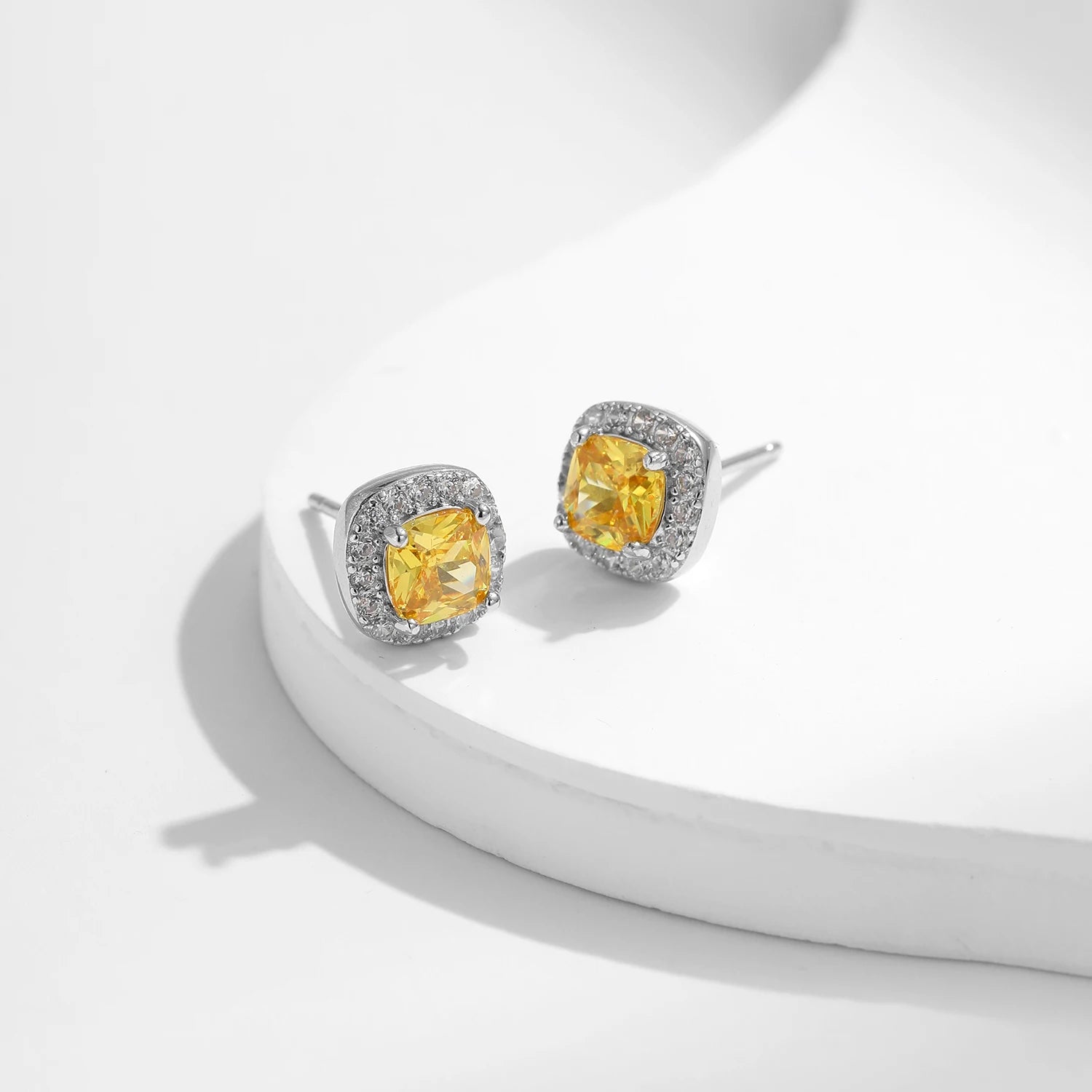 Yellow Sparkling CZ Platinum Plated Wedding Stud Earrings