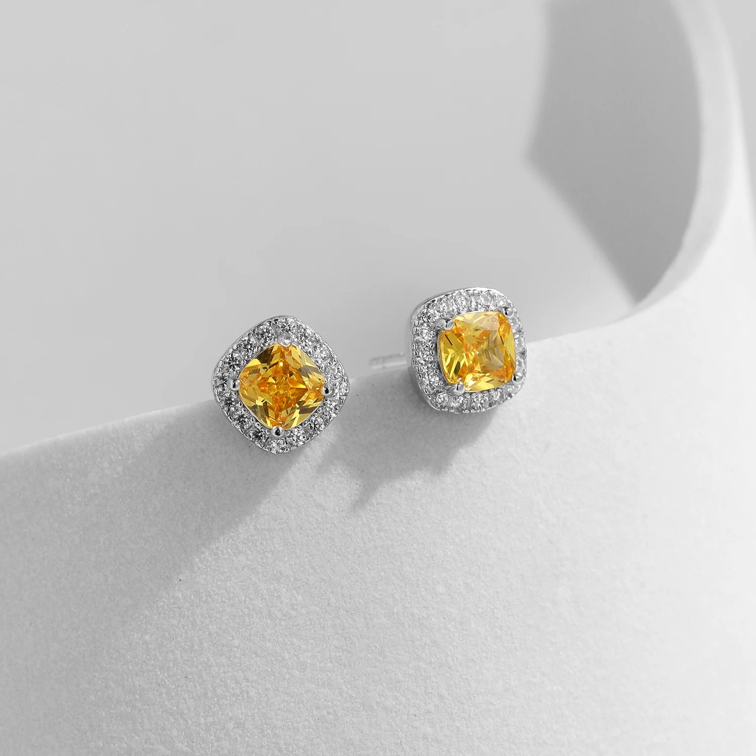Yellow Sparkling CZ Platinum Plated Wedding Stud Earrings