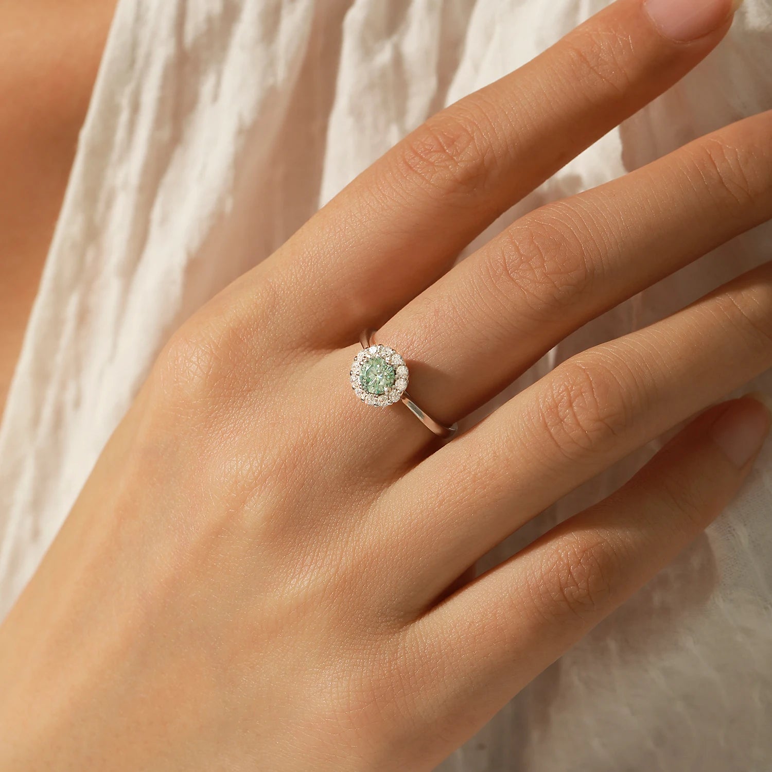 Emerald Teal Moissanite Halo Ring - Sterling Silver