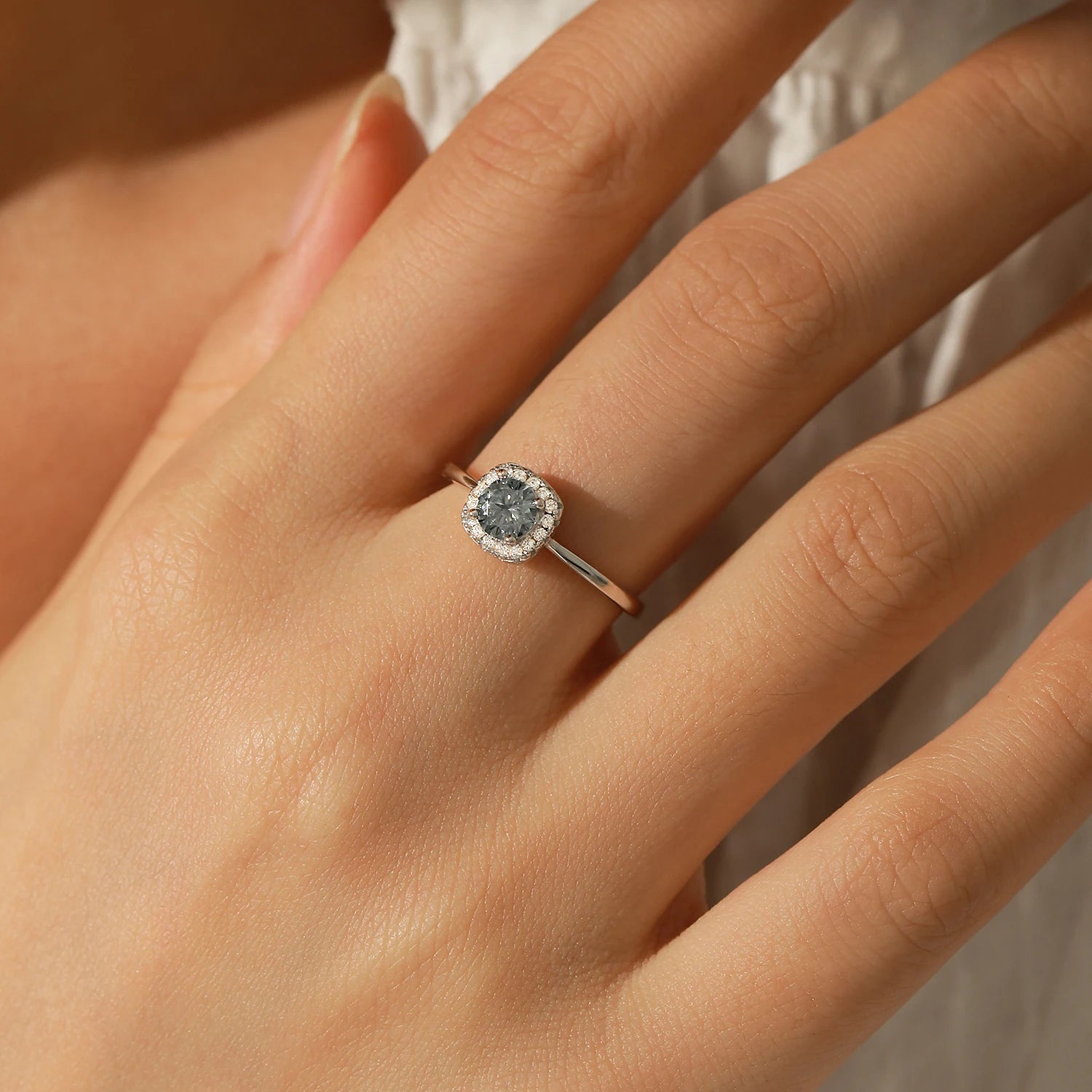 Gray Moissanite Square Halo Wedding Ring