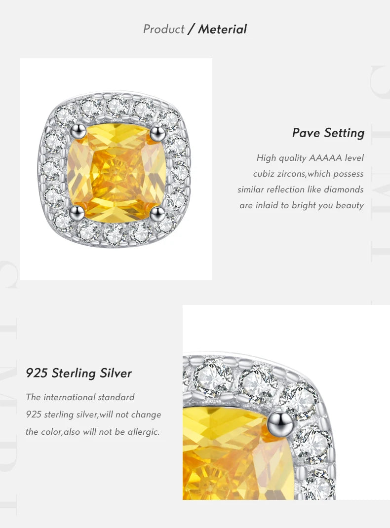 Yellow Sparkling CZ Platinum Plated Wedding Stud Earrings