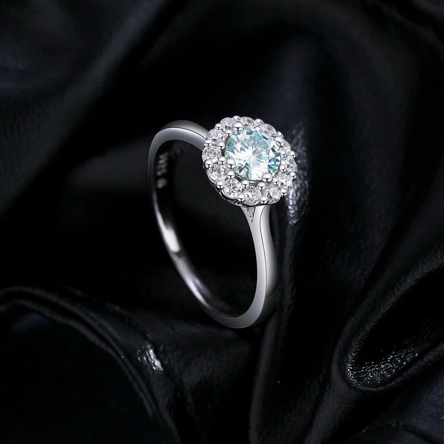 Emerald Teal Moissanite Halo Ring - Sterling Silver