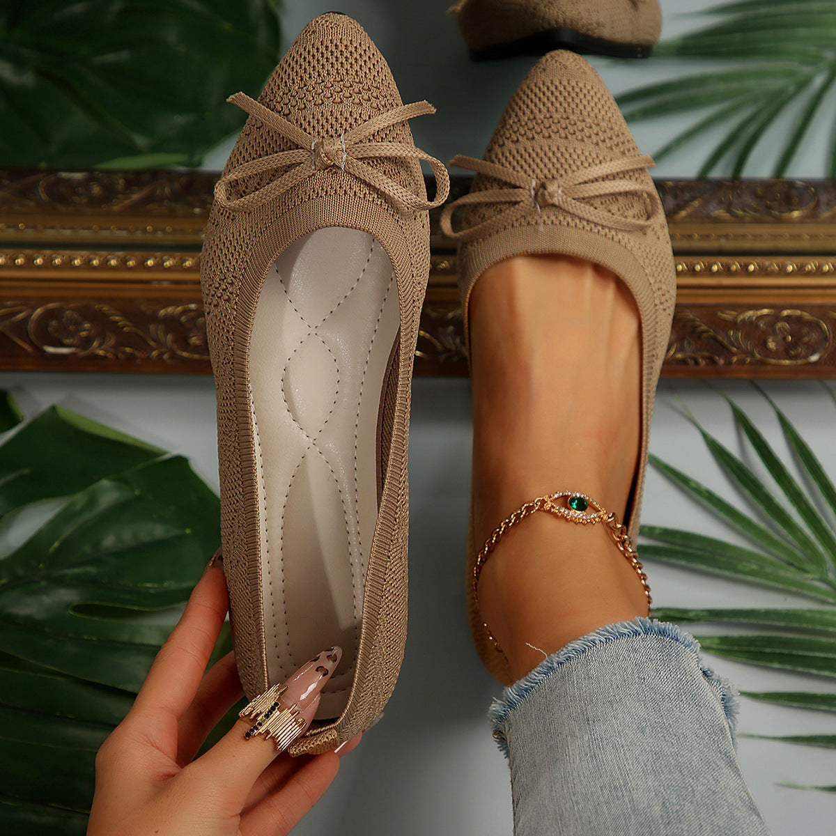 Bow Knitted Loafers Ins Fashion Pointed-toed Flats Shoes For Women