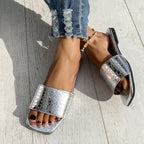 Fashion Crocodile-textured Slides Slippers Summer Square Toe Flat Sandals Summer Seaside Vacation Beach Shoes For Women