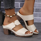 Chunky Heel Sandals Summer Round Toe Plaid Slides Slippers Fashion Outdoor High Heels Shoes For Women